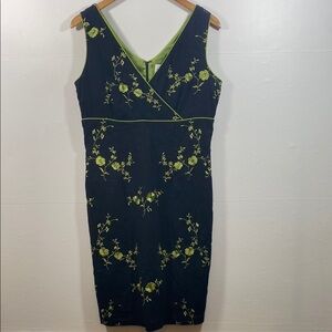 Vintage Linen blend Black V-Neck Sheath Midi Dress with Green Floral Embroidery